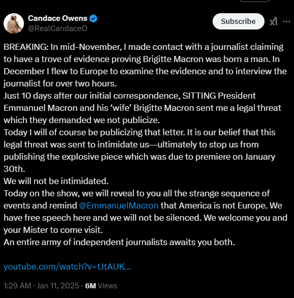 Candace Owens Hits Back at Emmanuel Macron’s Legal Threat Over Wife Allegations